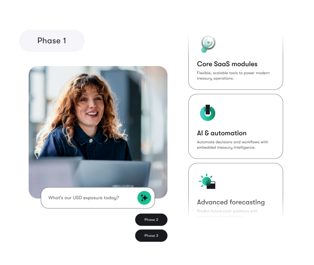 A woman with curly hair smiles during a video call. Next to her are icons and text describing features: Core SaaS modules, AI & automation, and advanced forecasting.
